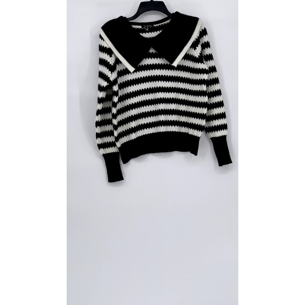 OVER KLESHAS Women’s Black-White Collared Knit Striped Sweater SZ L/XL